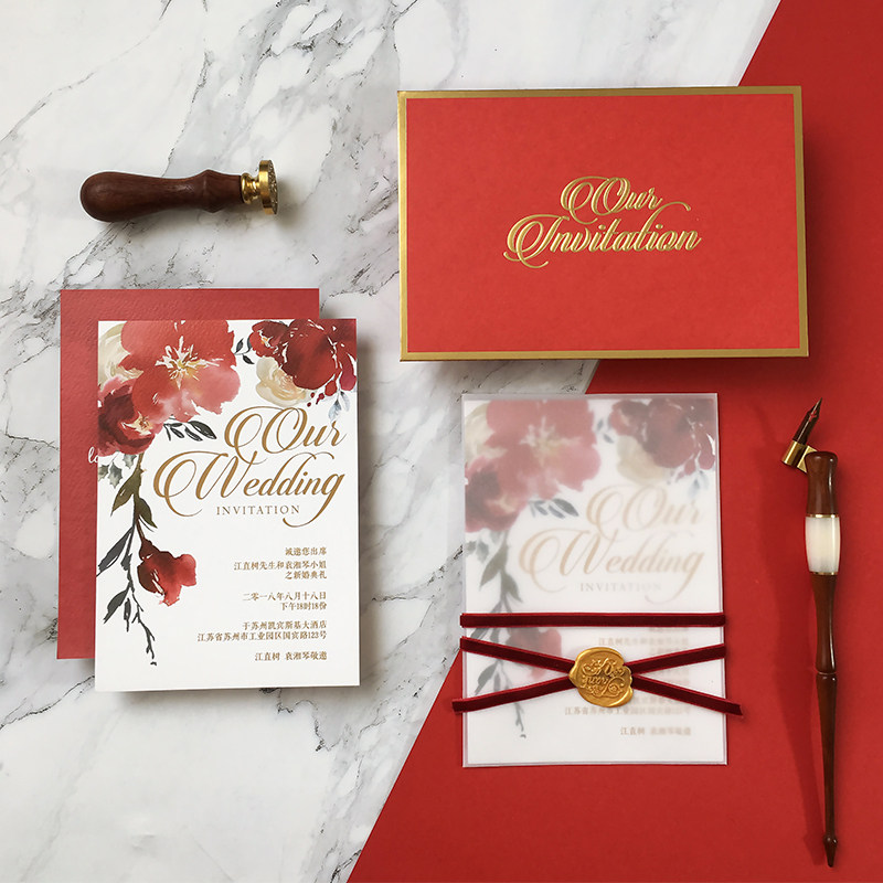 逼格派红色烫金结婚请帖请柬邀请函大花复古婚礼欧式婚礼喜帖定制