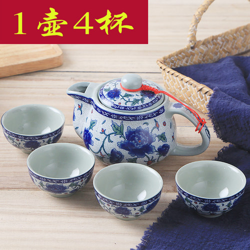 功夫茶壶套装青花牡丹带滤网简约