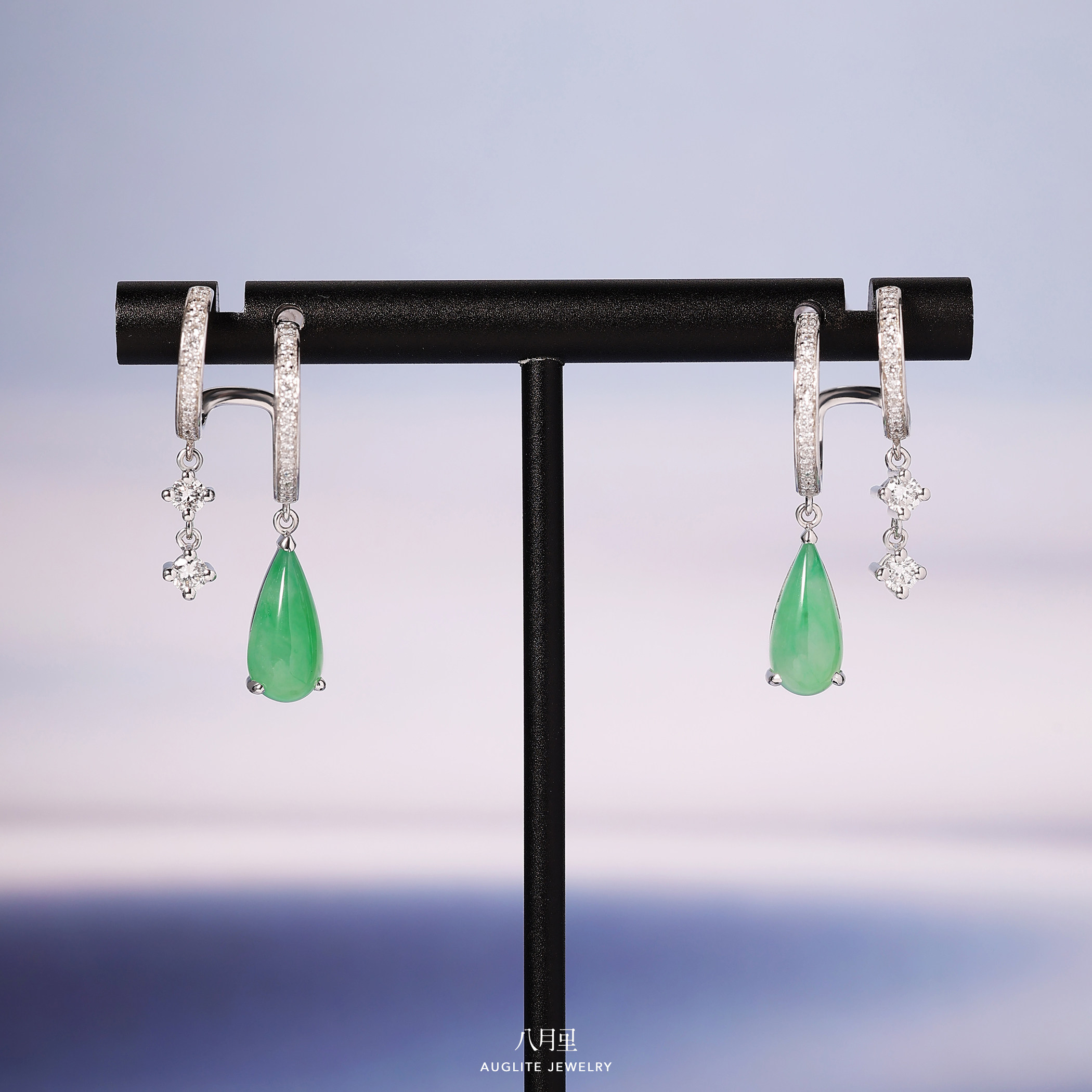 润 缅甸天然翡翠A货阳绿水滴耳环9K金钻石耳钉原创设计八月里珠宝