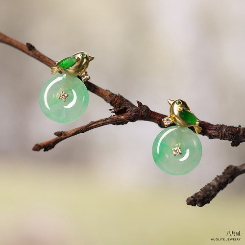 一对小胖鸟翡翠平安扣耳环设计