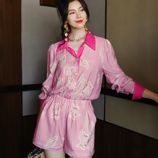 丝光棉粉色印花撞色拼接翻领松紧腰显瘦连体裤 小众设计感夏季 新款