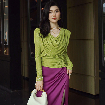 绿色千金荡领设计感时尚针织衫女