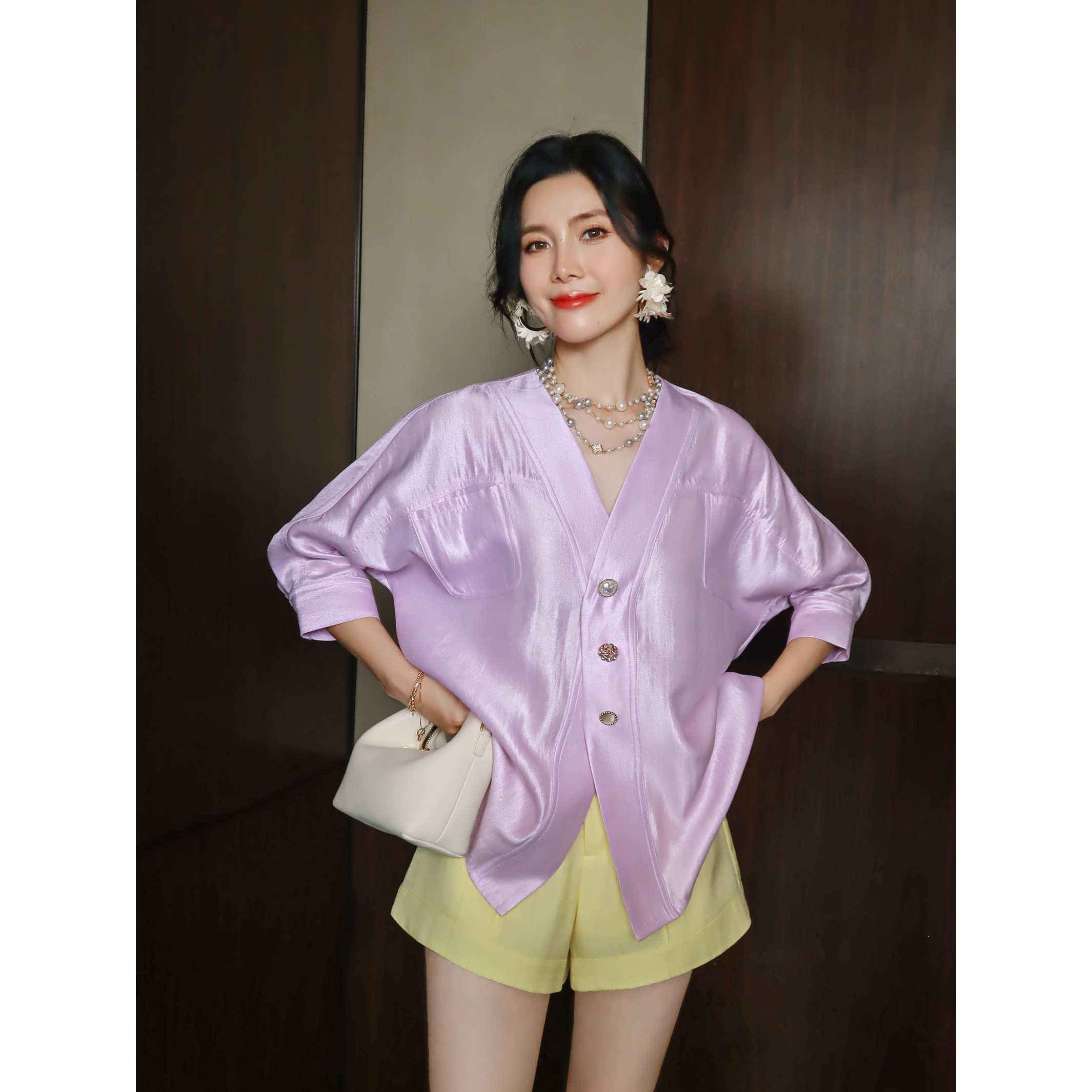 法式轻奢V领丁香紫简约衬衫上衣