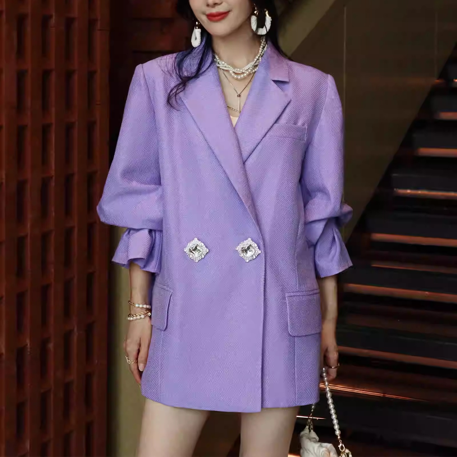 廓形感垫肩高级紫色西装外套女