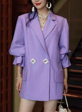高级感紫色轻奢双排水钻扣法式通勤花苞袖设计垫肩廓形西装外套女