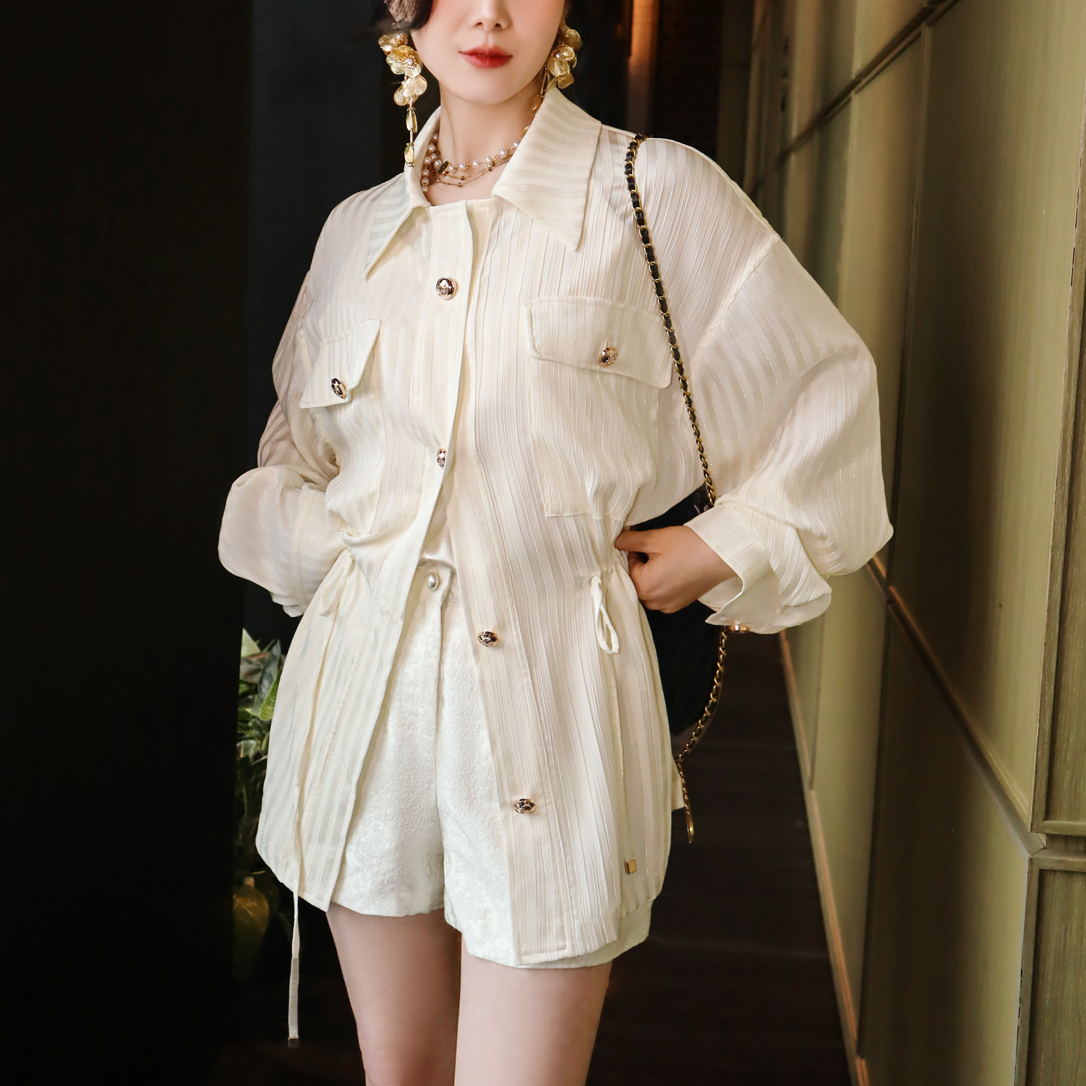 法式亮丝抽绳设计气质名媛风衬衫