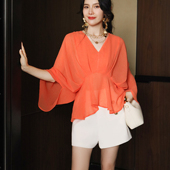 别致麻纱雪纺上衣 飘逸褶皱高级显白宽松蝙蝠袖 落日橘V领法式 衬衫