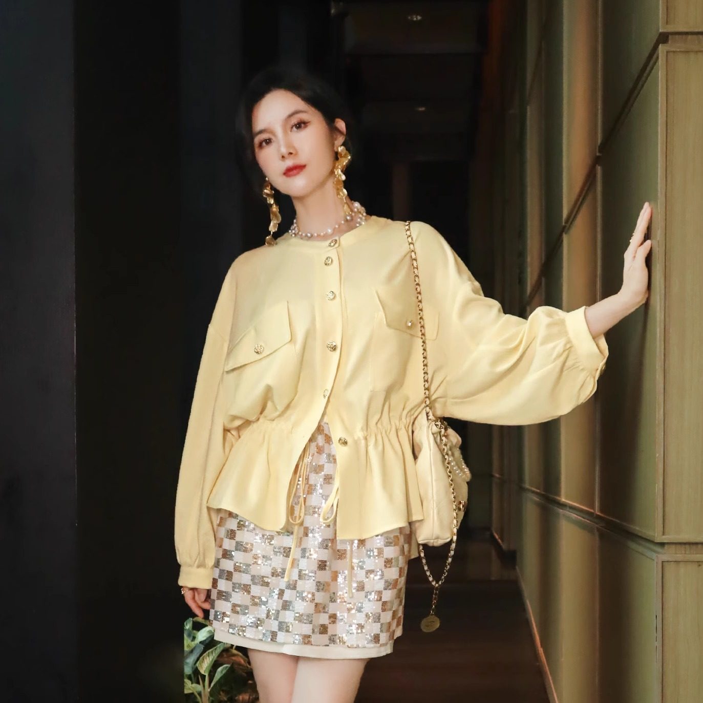 简约高级轻奢人棉樱草黄抽绳收腰设计宽松百搭圆领休闲小风衣外套