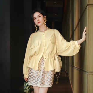 简约高级轻奢人棉樱草黄抽绳收腰设计宽松百搭圆领休闲小风衣外套