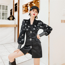 上衣 显瘦修身 韩衣女王黑色丝绒拼接亮片外套女2019初秋新款 中长款