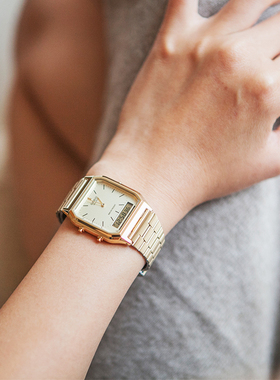 Casio卡西欧复古手表男女中性钢带学生网红小方块表AQ-230GA-9D7D