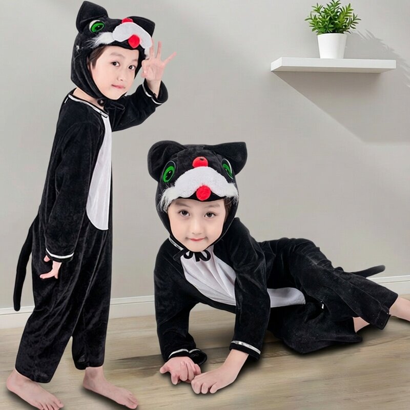 元旦幼儿黑猫演出服儿童动物服装话剧小猫钓鱼表演服猫咪道具服装