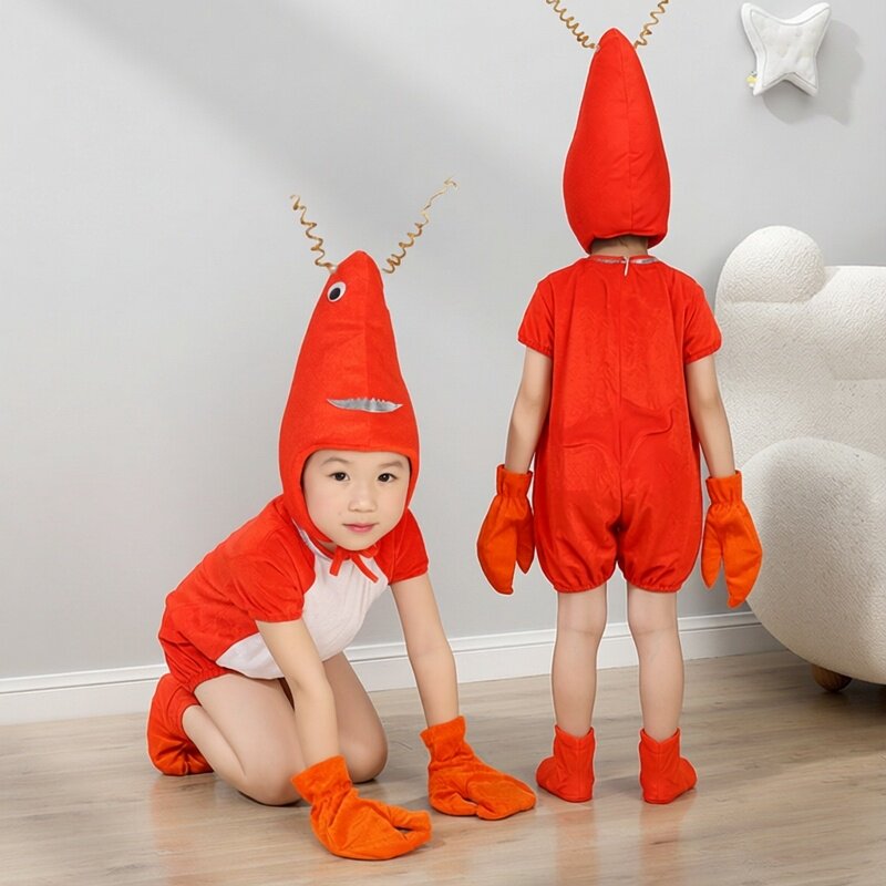 六一女童小龙虾表演服海洋主题服装儿童环保走秀龙虾人偶服男短袖