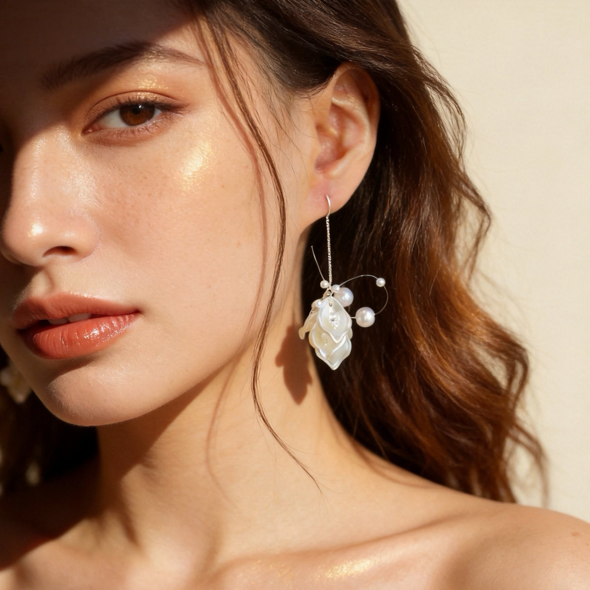 小众度假风仿珍珠花朵流苏耳环女