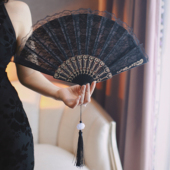 新中式 复古黑色蕾丝折扇洛丽塔气泡折叠扇子古风流苏吊坠拍照便携