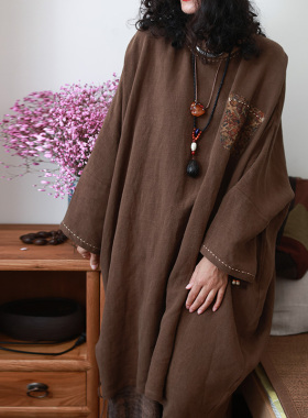 返朴-浅咖/听花香归野秋盐缩砂洗亚麻流浪风慵懒宽松复古袍子