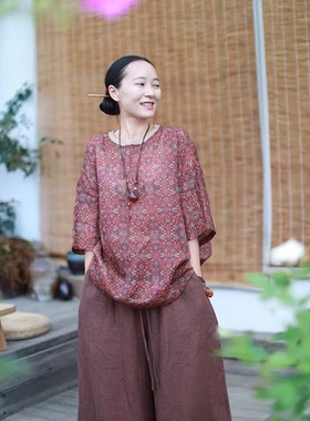 柔风/听花香归野  女士100支生态苎麻宽松禅意薄款休闲百搭T恤