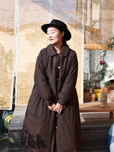 木槿咖 加厚95白鹅绒服宽松袍子外套 听花香色织亚麻羽绒服长款