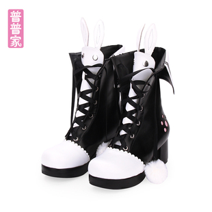 普普家新品 原创Lolita靴冬花边翻领刺绣兔耳朵粗跟洛丽塔靴902