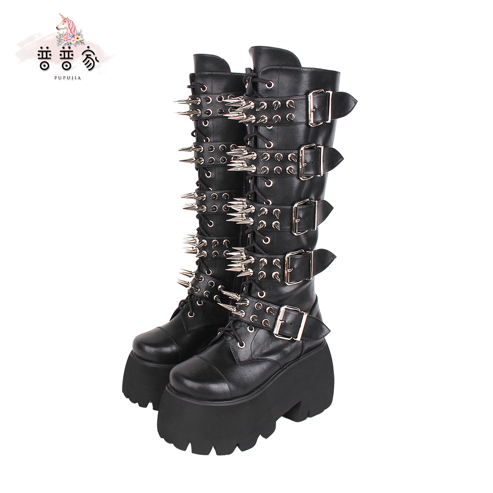 普普家 2023秋冬PUNK圆头朋克靴经典铆钉厚底松糕靴 M3817