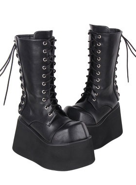 普普家 2024新品朋克靴大头超高跟前后系带装饰厚底松糕靴M3905