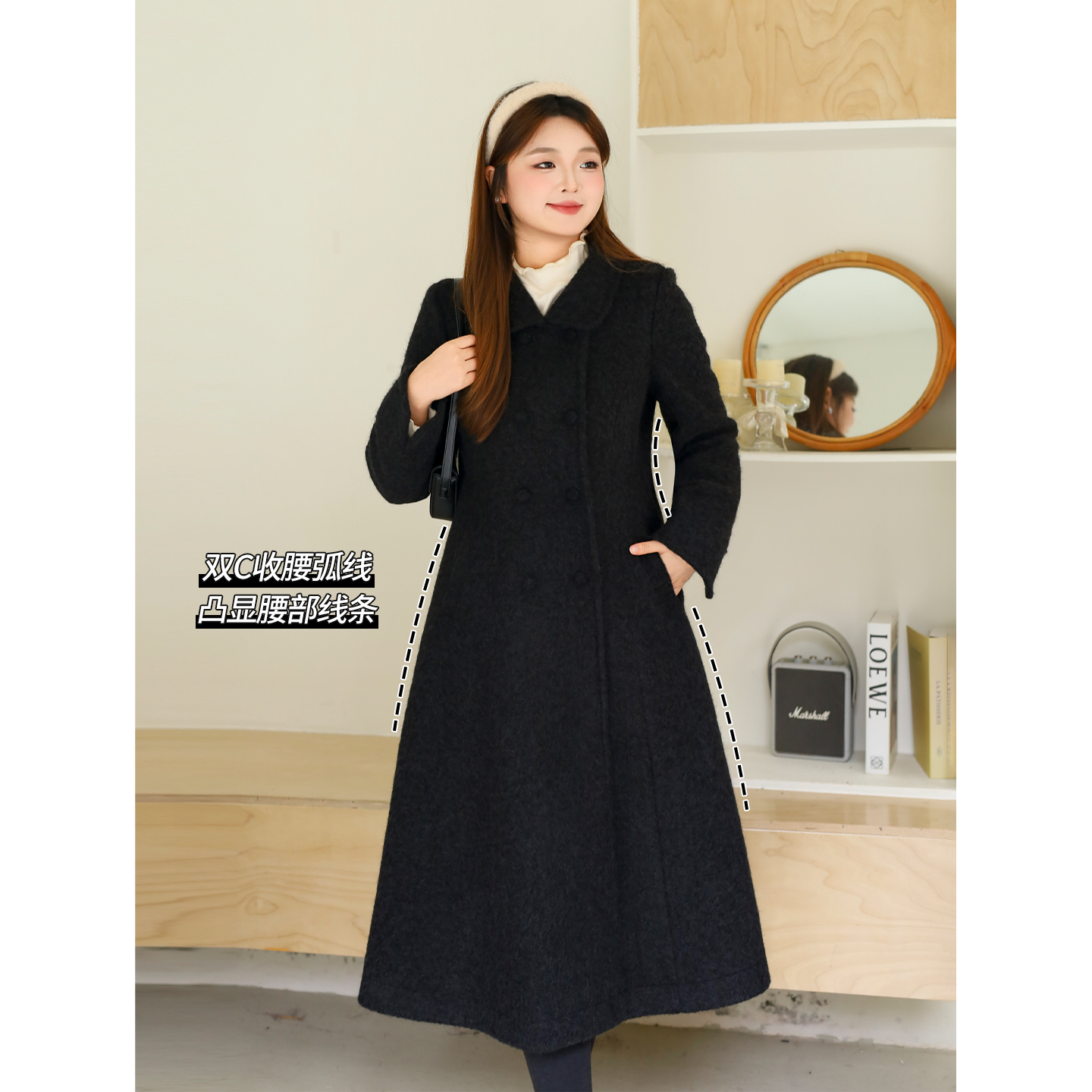 大码百分百女装微胖mm冬加厚保暖收腰显瘦长款毛呢大衣外套