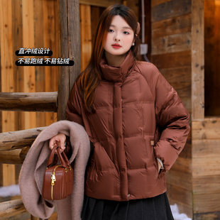大码百分百女装微胖mm冬季防风保暖立领方格短款羽绒服外套