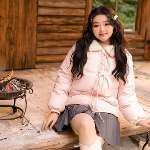 大码百分百微胖mm女装冬防风保暖甜美风羊羔毛翻领棉服外套