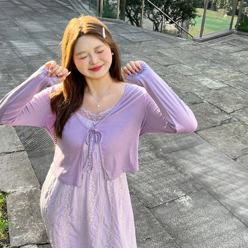 大码百分百女装春微胖mm软糯舒适正肩绑带莫代尔针织开衫