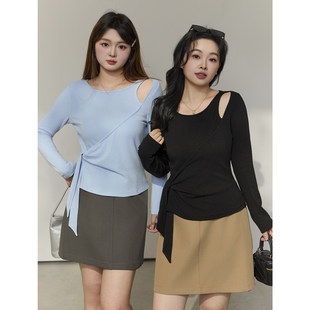 设计感不规则绑带镂空修身 微胖mm春季 针织T恤 百分百女装 大码