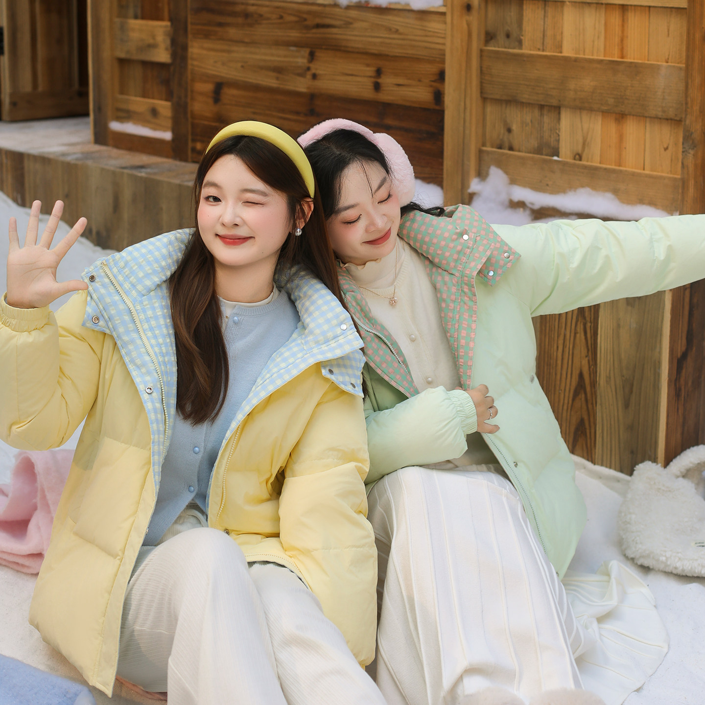 大码百分百女装微胖mm秋冬甜美保暖撞色格纹拼接羽绒服外套