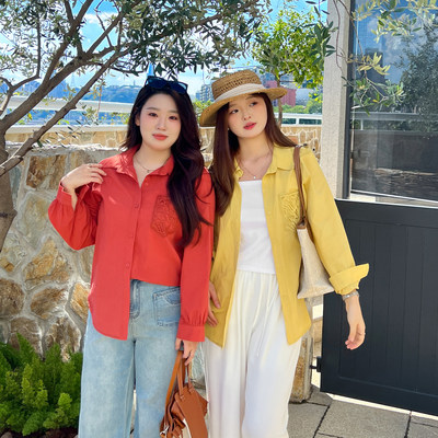 【清仓福利】大码百分百女装秋季微胖mm老钱风显瘦落肩纯棉衬衫