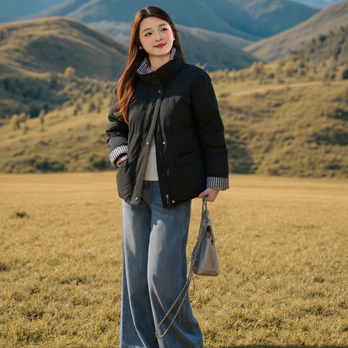 限时福利-大码百分百女装微胖mm撞色格纹插肩袖短款羽绒服外套