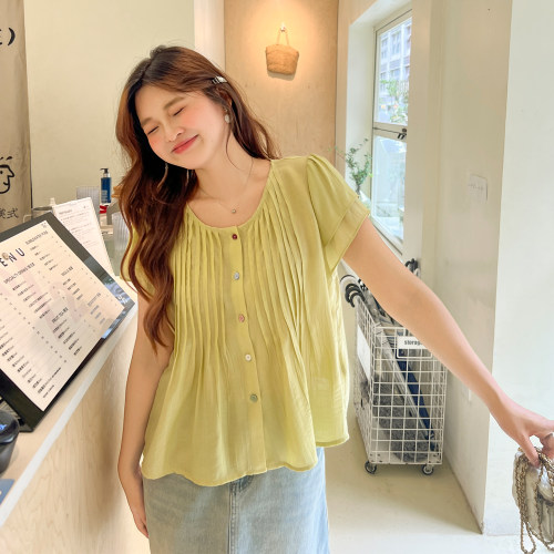 大码百分百女装夏季微胖mm透气天丝小衫塔克褶荷叶边短袖衬衫上衣