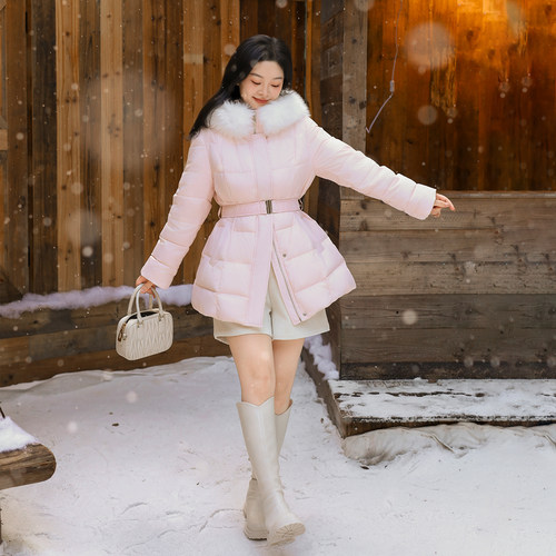 大码百分百女装微胖mm冬季大毛领连帽可收腰显瘦短款羽绒服外套