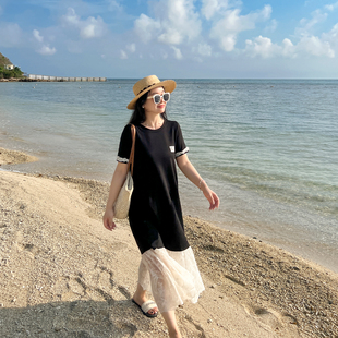 微胖mm显瘦圆领针织蕾丝拼接连衣裙 大码 百分百女装 夏季 新款