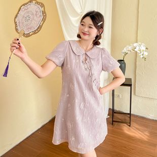 大码 连衣裙旗袍裙 百分百女装 夏胖mm甜美娃娃领天丝刺绣盘扣新中式