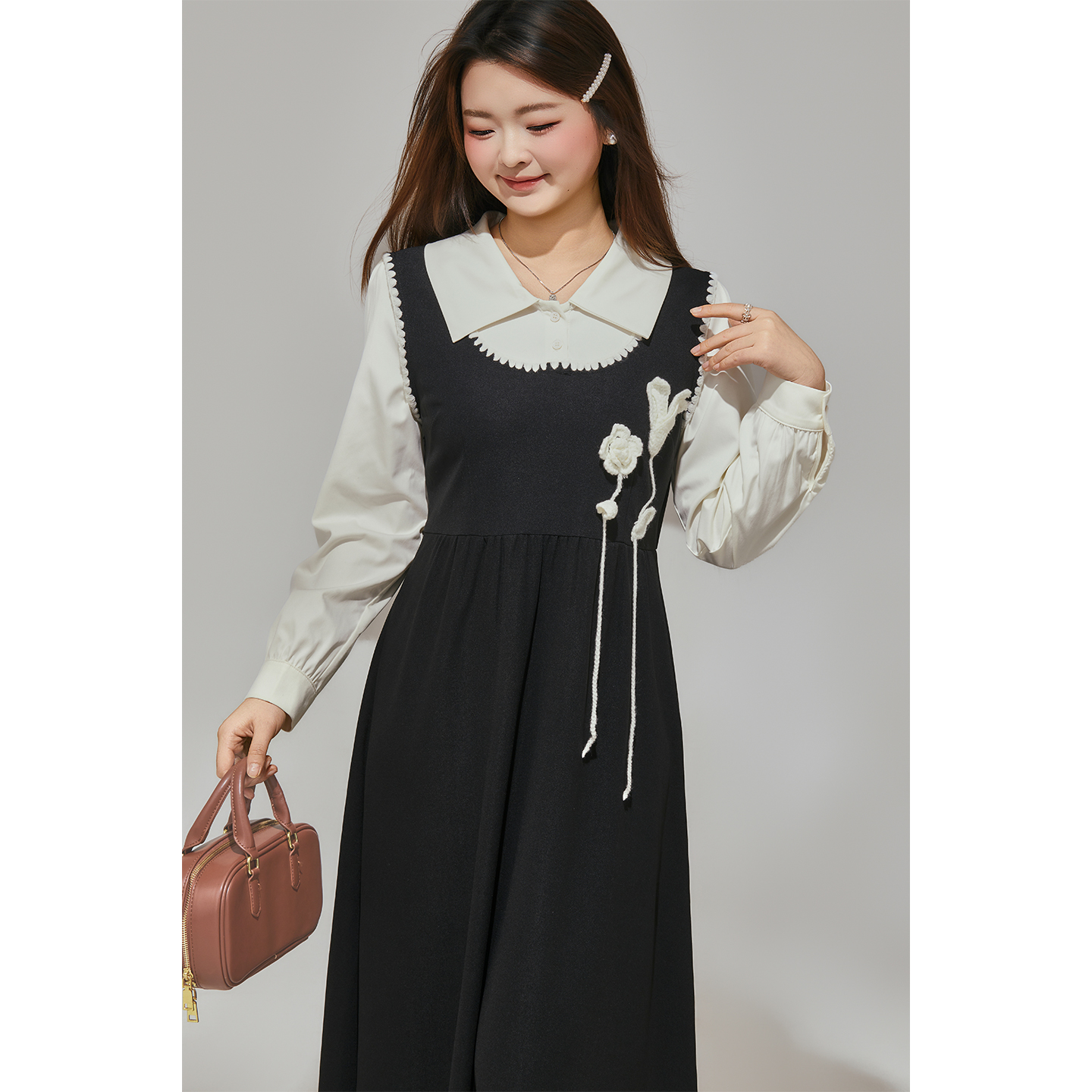 大码百分百女装微胖mm冬季甜美撞色假两件收腰显瘦A版连衣裙