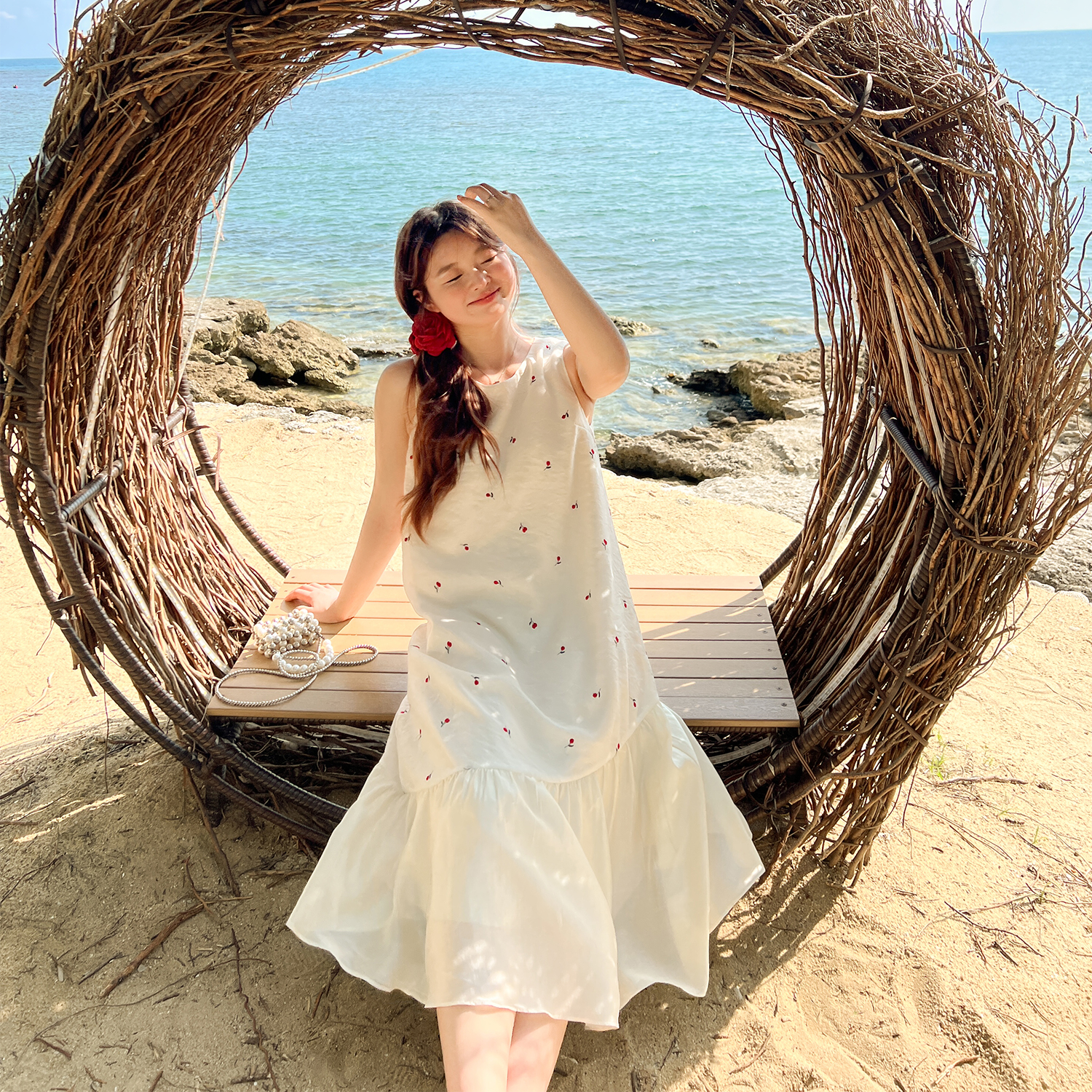 大码百分百女装夏季胖mm甜美樱桃刺绣天丝拼接背心连衣裙