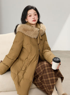 【清仓特价】大码百分百女装微胖mm加厚直筒中长款毛领连帽羽绒服