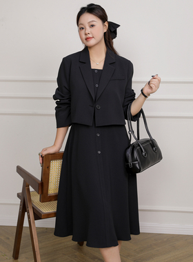 大码百分百微胖mm女装秋显瘦高级气质短款西装a字吊带裙套装