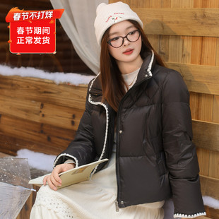大码百分百女装微胖mm冬季撞色百搭立领短款轻薄羽绒服外套