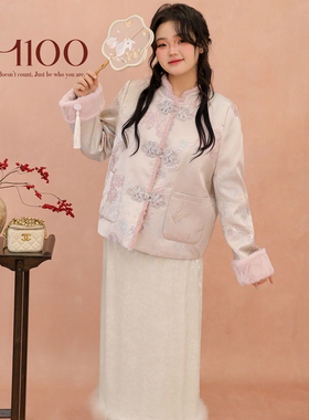 大码百分百胖mm女装正肩上衣高级感粗纺提花新中式盘扣外套