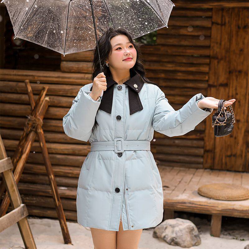 【清仓特价】大码百分百微胖mm女装蝴蝶结撞色领口三防羽绒服外套