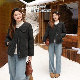 大码百分百女装微胖mm冬季时尚羊羔毛娃娃领波点棉服短外套