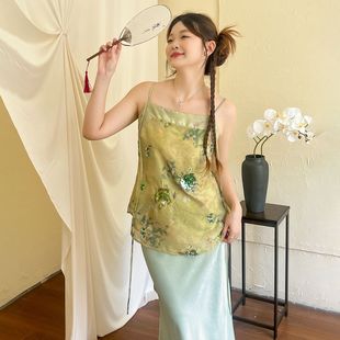 套装 大码 胖mm清新精致绿色吊带半裙新中式 百分百女装 夏季