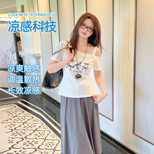 T恤凉感透气修身 大码 斜肩印花短袖 百分百夏女装 显瘦上衣 胖mm美式