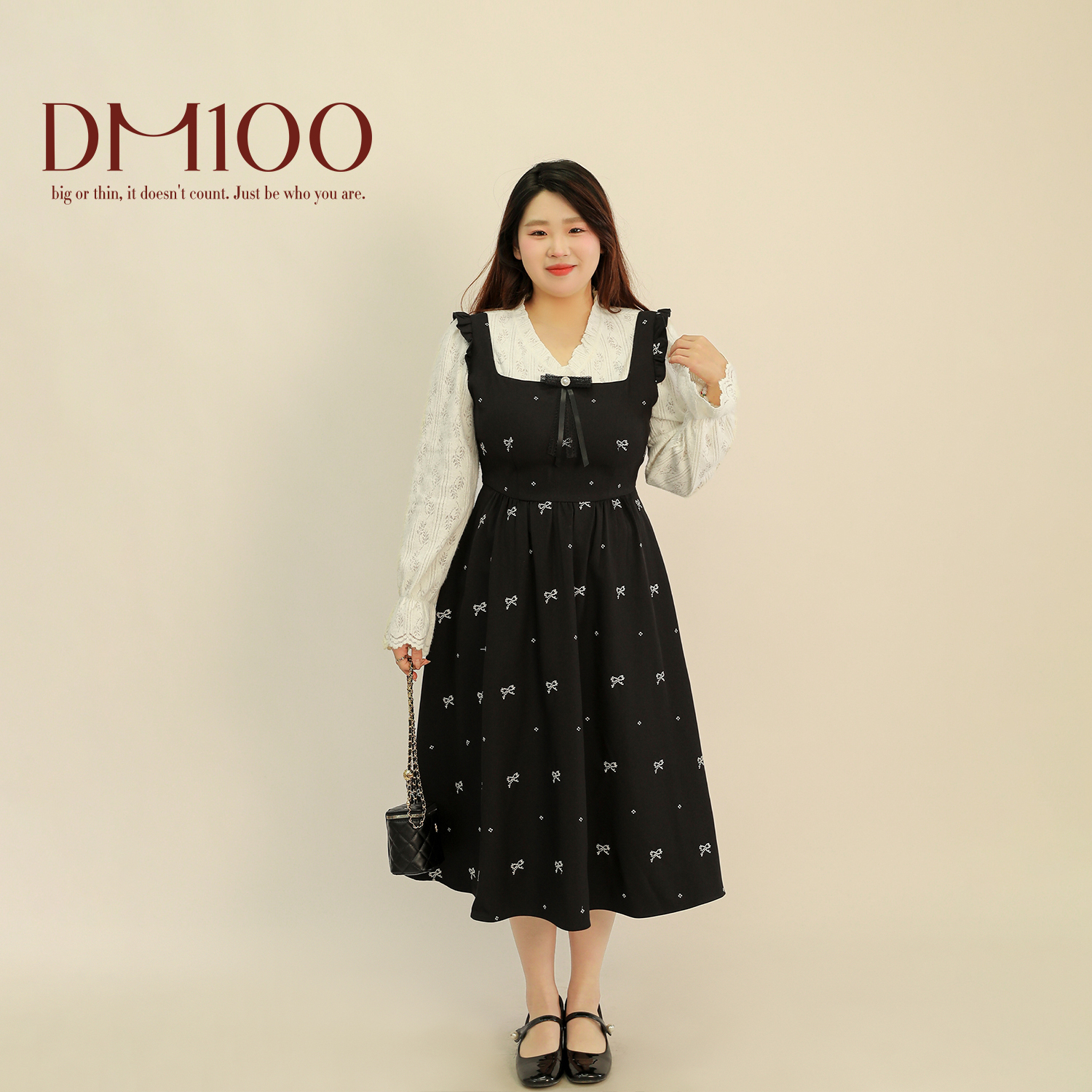 大码百分百2025春新款女装蕾丝拼接蝴蝶结刺绣假两件连衣裙