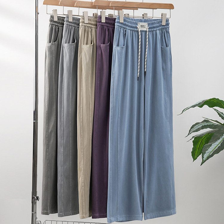 系带莱赛尔天丝牛仔阔腿裤女长裤