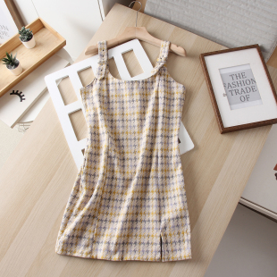 走老美 秋冬复古格纹毛巾绒质感气质收腰显瘦背心连衣裙女背带裙